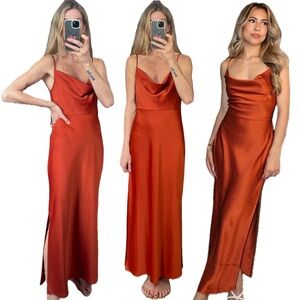 BHLDN Anthropologie Rust Spaghetti Strap Cowl Neck Satin Maxi Slit Gown Dress
